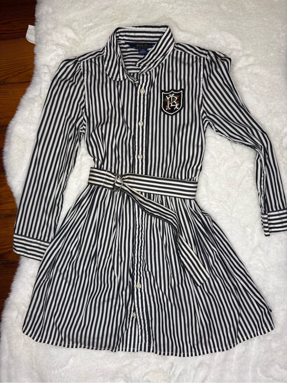 Polo by Ralph Lauren Black and White Striped Shirt Dress with Belt (5)